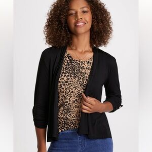 Laura Button Detail Cascade Detail Open Front Cardigan Sweater Black